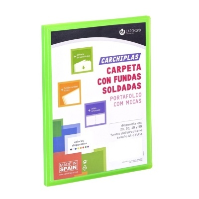 Carpeta plástica verde com capa personalizável e textos coloridos