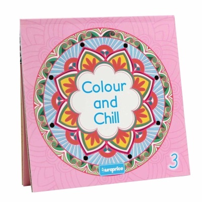 Livro de colorir com capa rosa e mandala colorida com texto