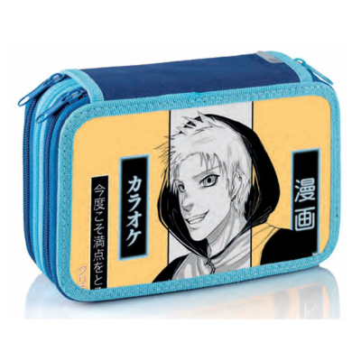 Estojo escolar azul com ilustração de rapaz estilo anime e texto japonês