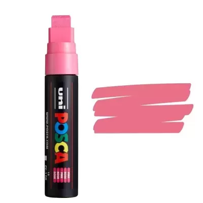 Marcador preto Uni Posca com ponta rosa e amostra de traço rosa