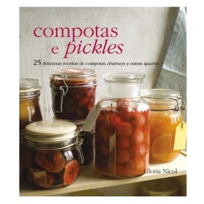 Livro compotas e pickles com frascos de vidro contendo compotas coloridas