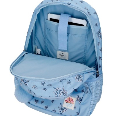 Mochila azul clara com padrão floral e bolso interior para tablet