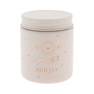 Frasco cilíndrico branco fosco com decoração dourada e tampa