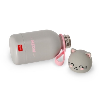 Garrafa térmica cinzenta com tampa de gato e texto MEOW em rosa