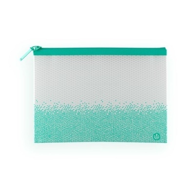 Estojo plano com fecho verde e padrão de pontos verdes e hexágonos brancos