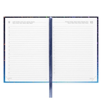 Agenda aberta com páginas datadas para os dias 9 e 10 e linhas para anotações