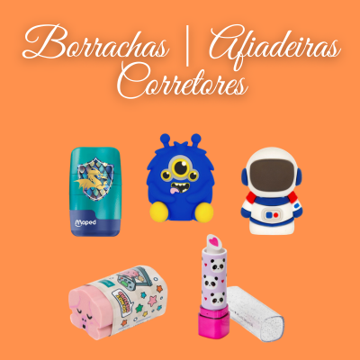 Cinco borrachas variadas com formas e cores diferentes sobre fundo laranja com texto promocional