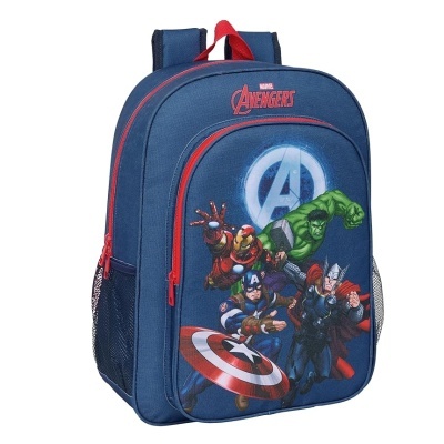 Mochila azul dos Avengers com personagens Marvel e fechos vermelhos.