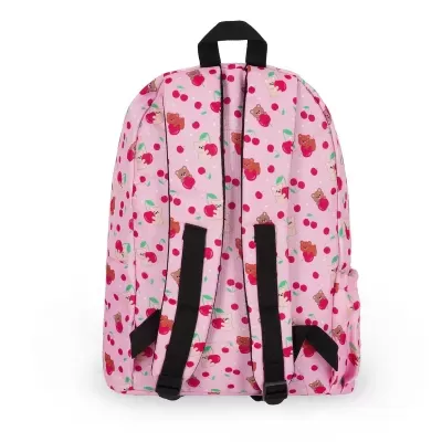 Mochila rosa com padrão de ursinhos e cerejas