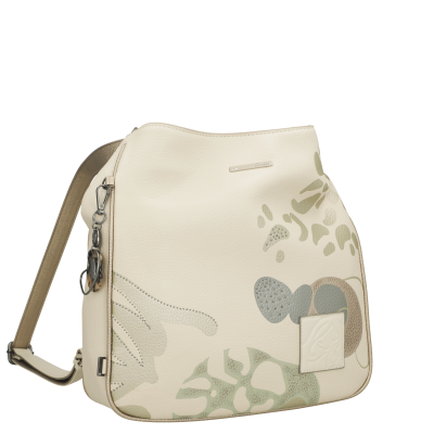 Mala creme em pele sintética com padrão abstrato e alça castanha