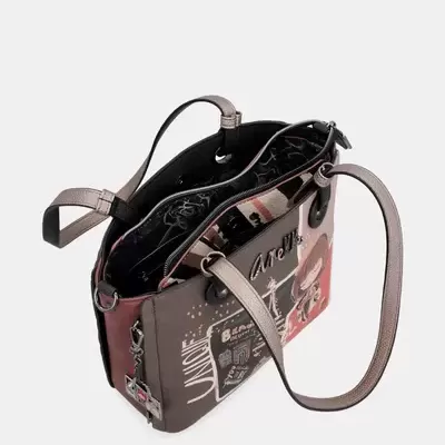 Mala de mão feminina com padrão gráfico colorido e alças largas metalizadas