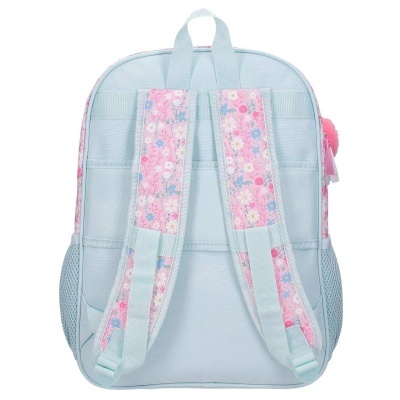 Mochila azul clara com alças florais e bolsos laterais em rede vista de trás