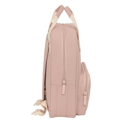 Mochila rosa claro vista de lado com dois fechos e alças bege