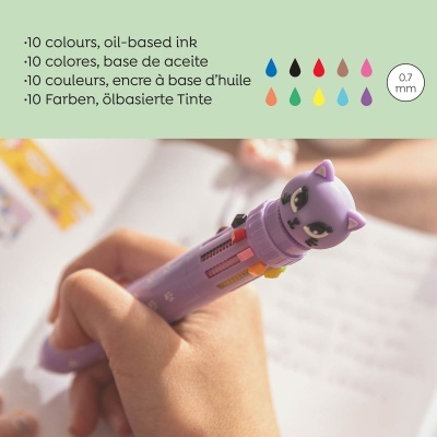 Caneta multifuncional roxa com cabeça de gato e 10 cores de tinta à base de óleo, vista em uso numa mão.
