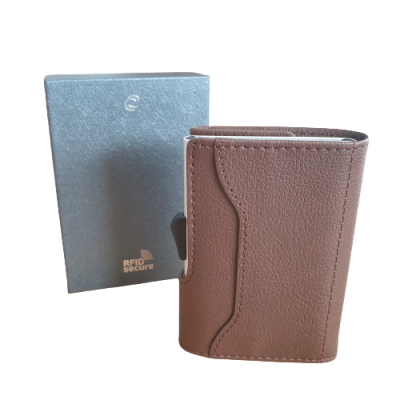 Carteira castanha de couro com caixa cinza RFID SECURE