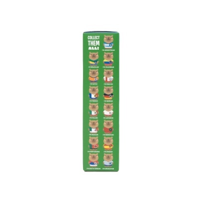 Lateral de embalagem verde com 16 ilustrações de ursos e texto COLLECT THEM ALL.