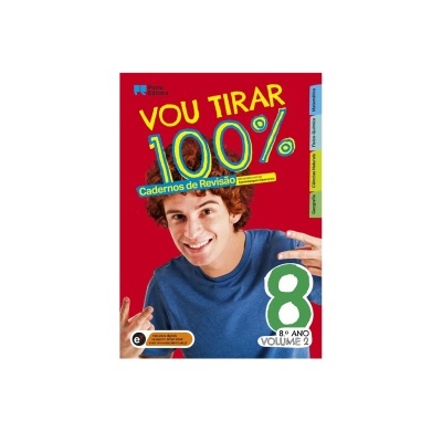 Capa de livro escolar com rapaz e texto Vou Tirar 100% 8.º ano volume 2