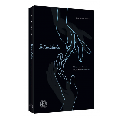 Capa do livro Intimidades, mãos desenhadas em linhas azuis e brancas sobre fundo preto