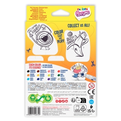 Embalagem colorida com desenhos para colorir e recortar, texto 'Carioca Perfume', e instruções em várias línguas