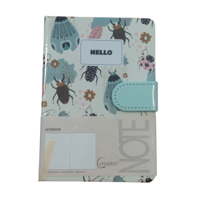 Caderno com capa dura e padrão colorido de insetos, fecho azul, texto HELLO na capa