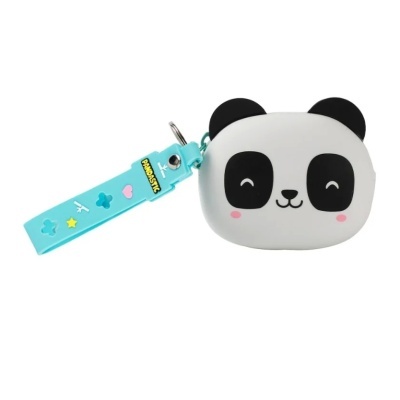 Bolsa pequena formato cabeça de panda com pulseira azul clara