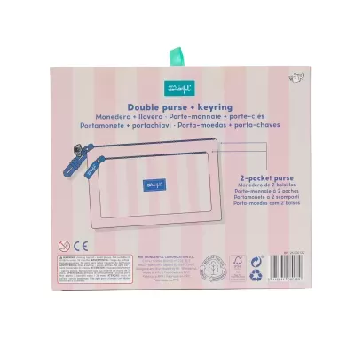Embalagem rosa com riscas e texto do produto Double purse + keyring da Mr. Wonderful
