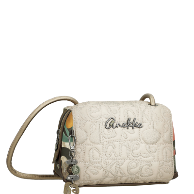 Mala de tiracolo bege acolchoada com inscrições Anekke e pendente decorativo