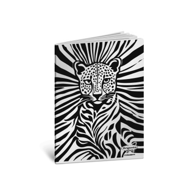 Caderno preto e branco com ilustração de leopardo e texto Argento vivo BLASETTI
