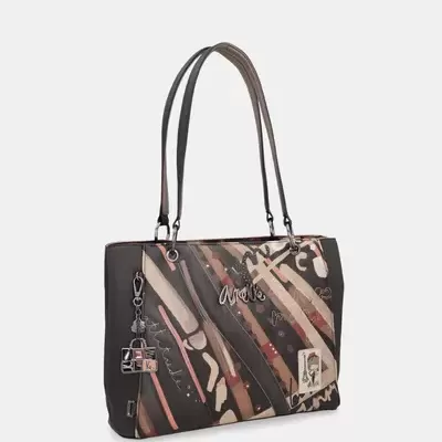 Mala de ombro com padrão abstrato e alças finas castanhas