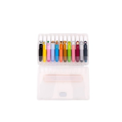 Conjunto de 12 marcadores coloridos com desenhos de animais em estojo transparente.