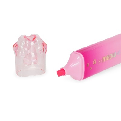 Marcador rosa com tampa em forma de pata transparente e palavra meow na lateral