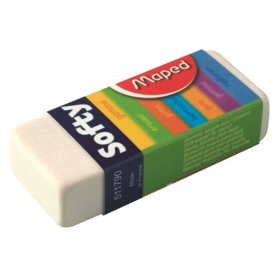Borracha Maped Softy branca em embalagem colorida com texto