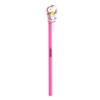 Lápis cor-de-rosa com topper do Snoopy abraçando Woodstock