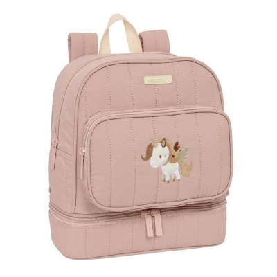 Mochila cor-de-rosa acolchoada com bordado de unicórnio e bolso frontal