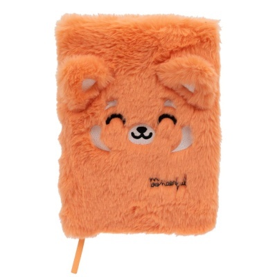 Caderno de capa felpuda laranja com rosto e orelhas de urso sorridente
