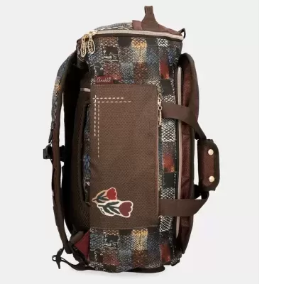 Mala de viagem xadrez castanha com bolso frontal e flores