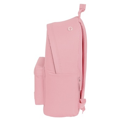 Mochila rosa vista lateral com bolso e alça de transporte