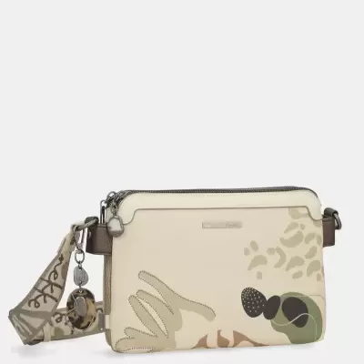 Carteira creme com padrão abstrato e alça castanha