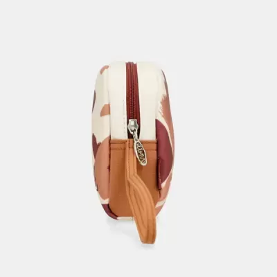 Estojo pequeno multicolor com zíper e puxador de couro castanho claro