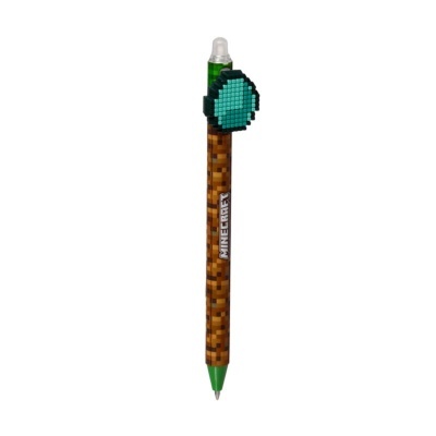 Caneta Minecraft com corpo pixelizado castanho e clip pixel azul e verde