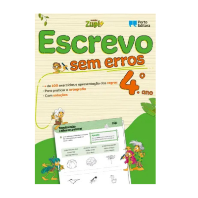 Capa do livro escolar Escrevo sem erros 4.º ano com ilustrações de personagens e exercícios.