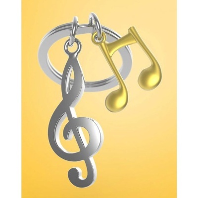 Chaveiro com clave de sol prateada e nota musical dourada