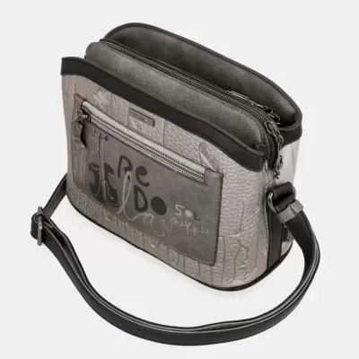 Bolsa de ombro cinza e preta com fecho e alça preta
