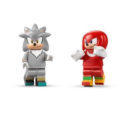 Figuras LEGO de personagens cinzenta e vermelha sobre fundo branco