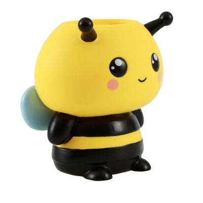 Vaso em forma de abelha amarelo com preto e asas azuis