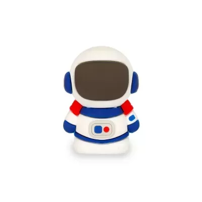 Boneco astronauta branco azul e vermelho com visor escuro