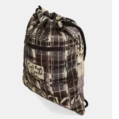 Mochila tipo saco xadrez castanho preto bege com cordão e bolso