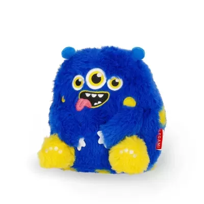 Mochila infantil azul e amarela com design de monstro peludo