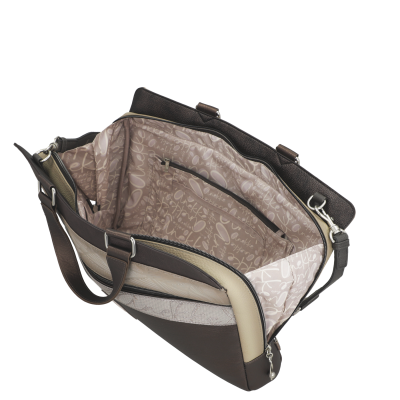 Mala grande de couro sintético castanho e bege com interior estampado e bolsos