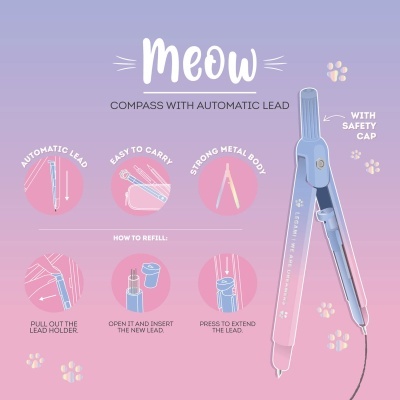 Compasso automático MEOW azul e rosa com tampa de segurança em fundo lilás